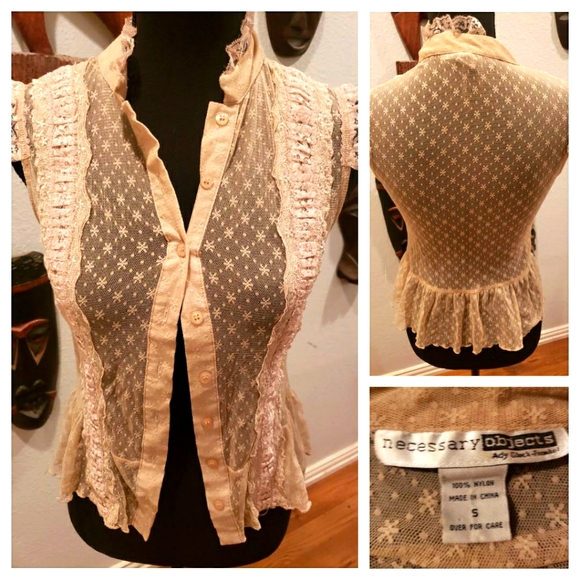 Necessary Objects Beige Lace Button-Up Sheer Top - Picture 1 of 1